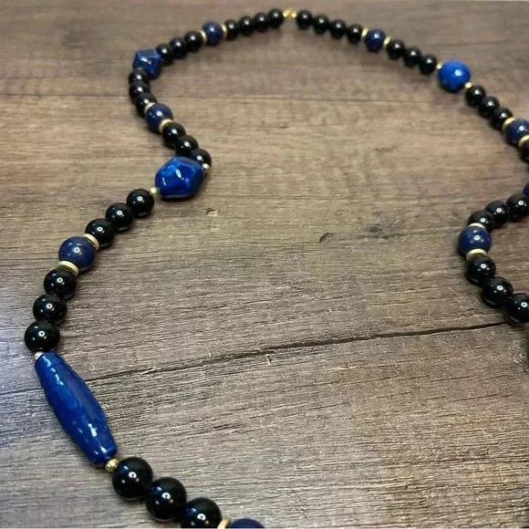 Chunky Black Blue and Gold Beaded Long Necklace - Picture 3 of 4